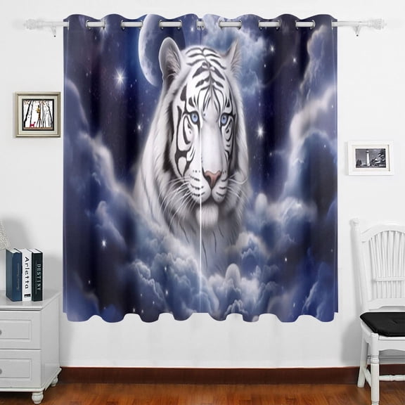 Tiger Clouds and Moon White Curtains Black Out 63 Inch Length Curtains for Sliding Glass Doors Bedroom Living Room 2 Panels Set