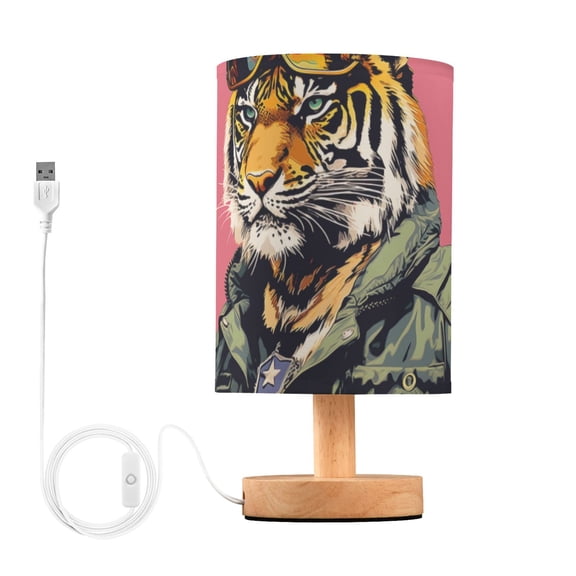 Tiger Coat Table Lamp USB Bedside Desk Nightstand Lamp Printed Gifts Small Lamp Wood Base for Bedroom Living Room Kids Room College Dorm