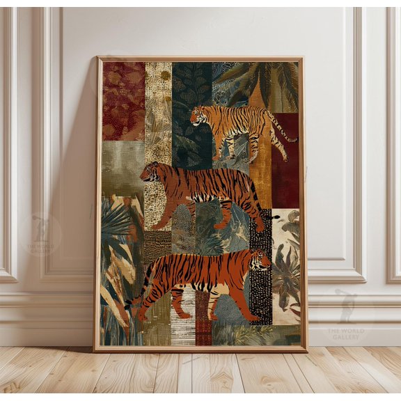 Tiger Collage Poster Orange Jungle Animal Art Print Botanical Pattern Wall Decor