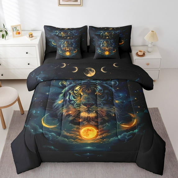 Tiger Comforter Set 7 Piece Bed in a Bag Twin,Bohemian Sun And Moon Bedding Sets Safari Animals Sheet Set With Comforter,Exotic Western Wildlife Boho Bed Set