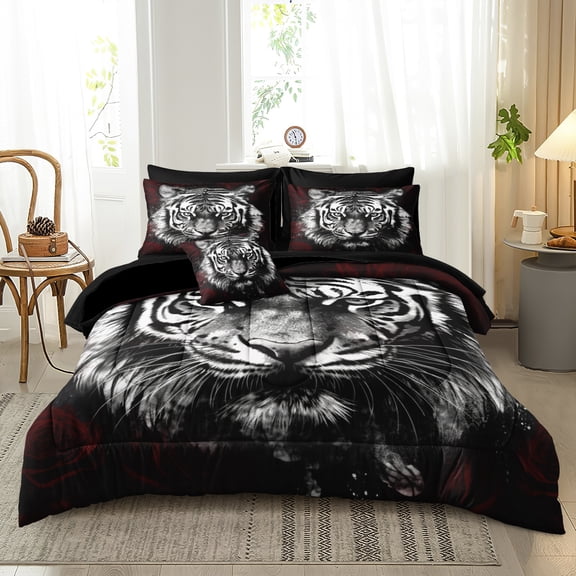 Tiger Comforter Set Queen Size Rose Floral Bedding Set Wild Animal Print 8 Pcs Queen Bed in a Bag Set Boys Teen Room Decor Animal Tiger Bedding Comforter Set with Sheets with 1 Comforter 4 Pillowcase