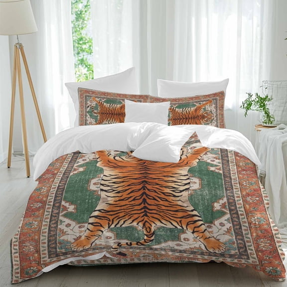 Tiger Comforter Set Twin Size, Bohemian Modern Animal Print Orange Green Floral Texture Soft Bedding Set for Man Woman, 4 Pieces Duvet Cover Set with Fitted Sheet, 2 Pillowcases