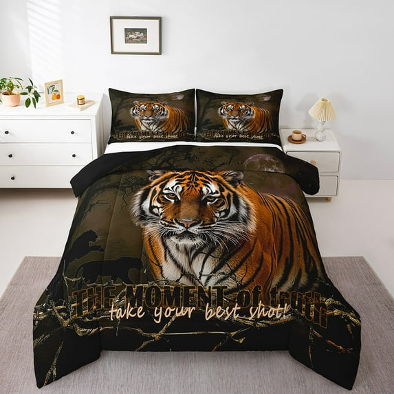Tiger Cool Animal Comforter,Wild Animal Bedding Set Teens Hunter Brown Camo Comforter Full Size Room Decor,3D Wildlife Comforter Set With 2 Pillowcases