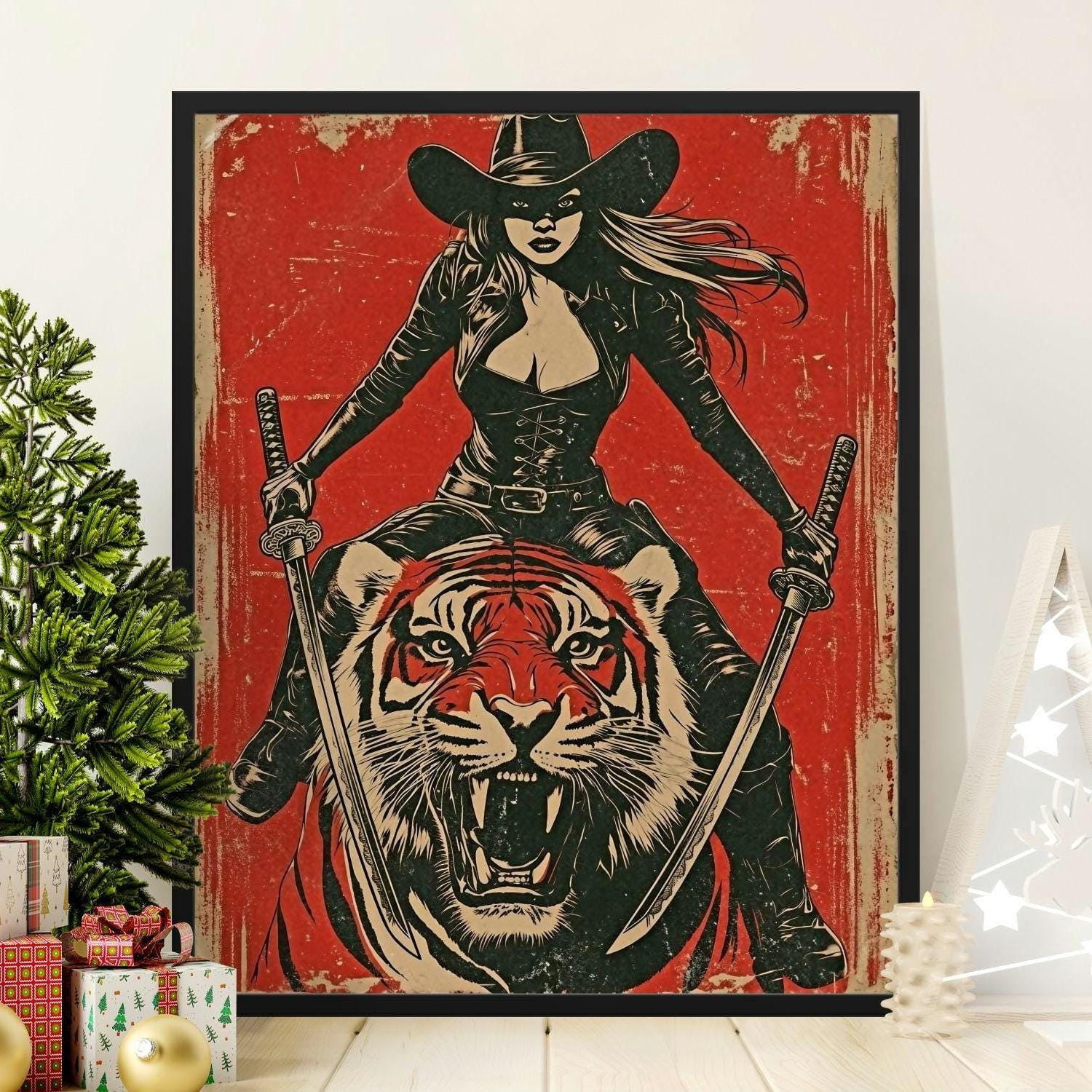 Tiger Cowgirl Riding With Katanas Dark Warrior Pulp Animal Poster ...