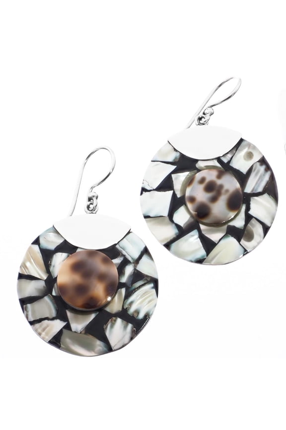 Tiger Cowry Cone Shell 925 Sterling Silver Dangle Drop Earrings, 1 3/16"