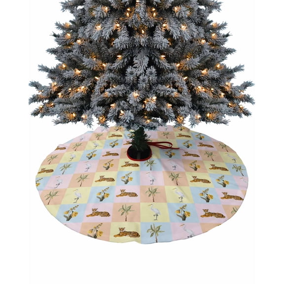 Tiger Crane Christmas Tree Skirt 48 Inches Large Christmas Skirt Tree, Colorful Plaid Summer Tropical Plants Botanical Tree Skirt Christmas Decorations for Fireplace Party Holidays Indoor Outdoor