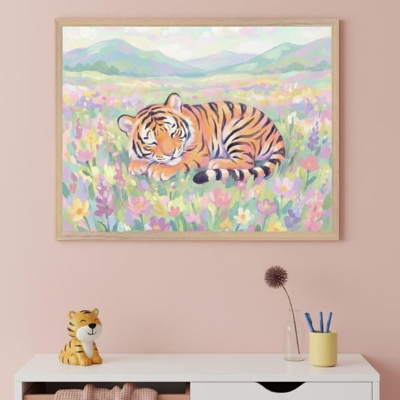 Tiger Cub Sleeping Peacefully Wall Art Pastel Wildflower Meadow Whimsical Nursery Unframed Paper Print