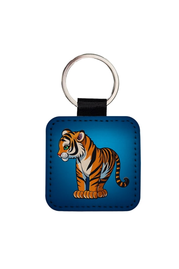Tiger Cute Standing Faux Leather Square Keychain