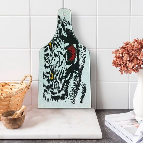 Tiger Cutting Board, Angry Feline with Black and White Pattern Realistic Eyes Hunting Surviving, Decorative Tempered Glass Cutting and Serving Board, Wine Bottle Shape, Black Red Yellow, by Ambesonne
