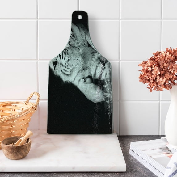 Tiger Cutting Board, Black and White Image of Large Cat Playing with Water Cool Animals Fun Hunter, Tempered Glass Cutting and Serving Board, Wine Bottle Shape, Black Pale Grey, by Ambesonne