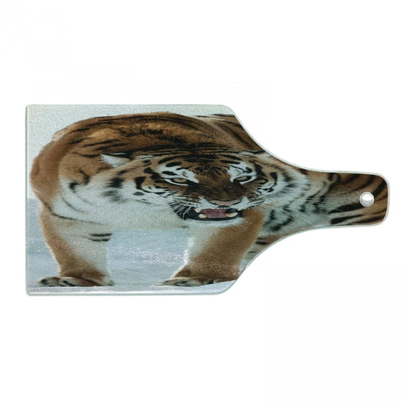 Tiger Cutting Board, Close-up of Panthera Tigris Altaica Siberian Giant Feline Russian Predator, Decorative Tempered Glass Cutting and Serving Board, Wine Bottle Shape, Pale Brown Black, by Ambesonne