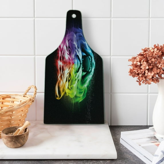 Tiger Cutting Board, Multicolored Abstract Display Large Feline Blazing Spectrum Rainbow Color, Decorative Tempered Glass Cutting and Serving Board, Wine Bottle Shape, Multicolor, by Ambesonne