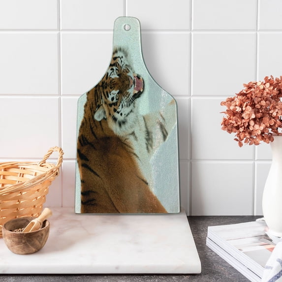 Tiger Cutting Board, Panthera Tigris Altaica Close-Image with Snowy Background Angry Hunter Photo, Decorative Tempered Glass Cutting and Serving Board, Wine Bottle Shape, Pale Brown, by Ambesonne