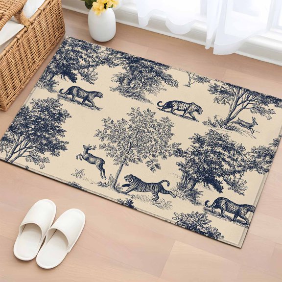 Tiger Deer Entryway Rug 2'x3' Non Slip Front Door Mats, Country Retro Forest Trees Animals Plants Entrance Rugs Indoor Outdoor Carpet, Washable Floor Mats Small Area Rug for Bedroom Kitchen