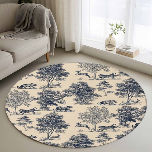 Tiger Deer Round Area Rug 3Ft Washable Small Circle Rugs for Kitchen Entryway, Country Retro Forest Trees Animals Plants Non-Slip Carpet Floor Mats Indoor Outdoor Carpet Runner Aesthetic Home Decor
