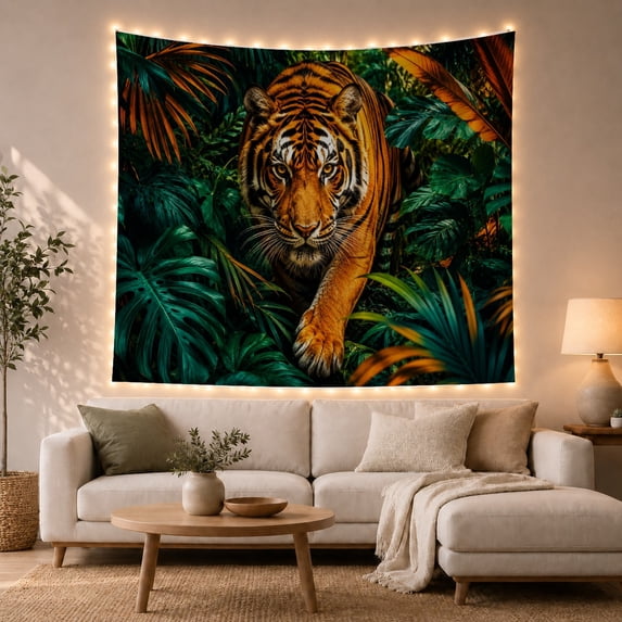 Tiger As Depicted With Dense Lush Jungle Environment, Mystical Fantasy for Space Lovers, Galaxy Room Decor, Mother's Day Gift, Tapestry Wall Hanging for Bedroom and Dorm