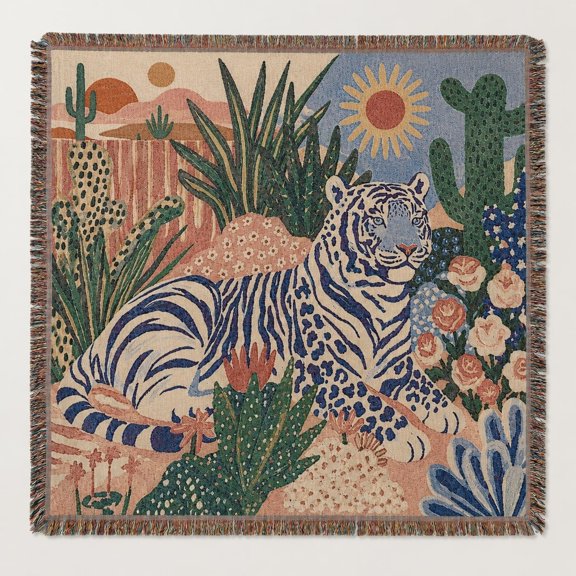 Tiger Desert Woven Cotton Throw Blanket with Fringe, Boho Botanical Decor