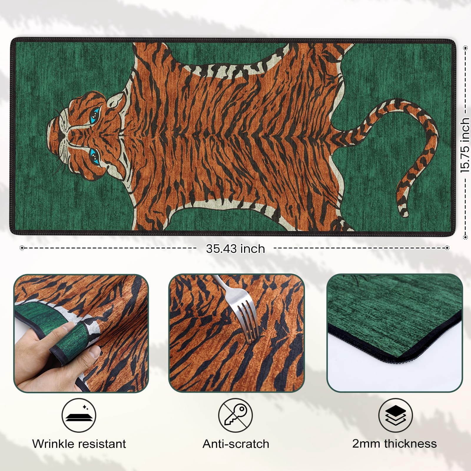 Tiger Desk Mat For And Mouse  Non Slip Large Tigerhide Smooth Gaming Pad Long Office Home 35.4 X 15.7 Inches (emerald Green)