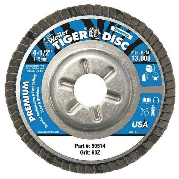 Tiger Disc Angled Style Flap Disc, 4-1/2 In Dia, 60 Grit, 7/8 Arbor, 13000 Rpm, Type 29 | Bundle of 2 Each