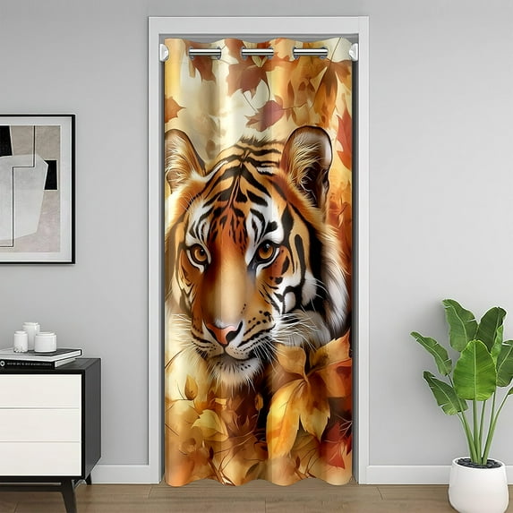 Tiger Door Curtain 60"Wx80"L Fall Maple Leaves Window Treatments Home Decor Wild Animal Theme Room Curtains for Couch Living Room Bedroom