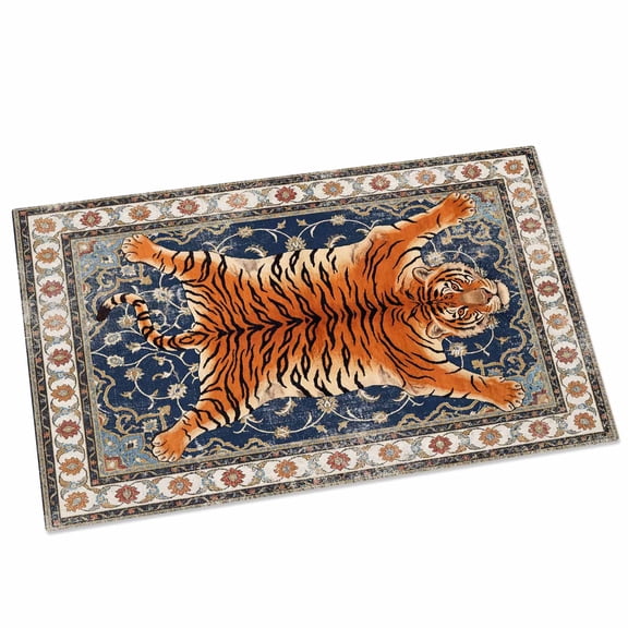 Tiger Door Mat 16x24 Inch Bohemian Modern Animal Print Blue Red Floral Texture Entryway Rug with Non-Slip Rubber, Front Door Mat Indoor Floor Mats for Living Room Bathroom Bedroom Home Office