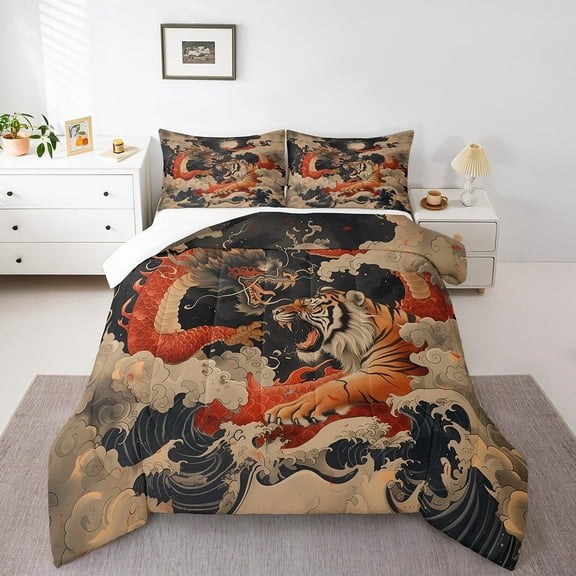 Tiger and Dragon Queen Bedding Set,Marine Ocean Wave Comforter Set,Vintage Japanese Style Quilt Bed Set Wildlife Animal Print Bed Comforter Set 3Pcs