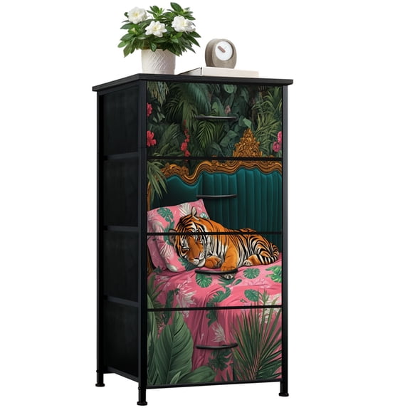 Tiger Dresser for Bedroom with 4 Storage Drawers Funny Tiger Exotic Jungle Tiger Sleeping Tiger Tropical Plants Dressers Chest of Drawers Steel Framed Fabric Closet Organizers for Toy Book Basket