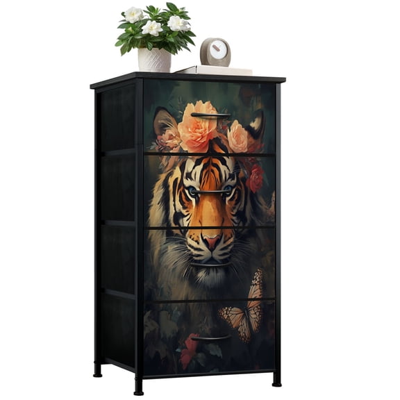Tiger Dresser for Bedroom with 4 Storage Drawers Tiger Colorful Flower Wild Animal Butterfly Tiger Portrait Floral Dressers Chest of Drawers Steel Framed Fabric Closet Organizers for Toy Book Basket