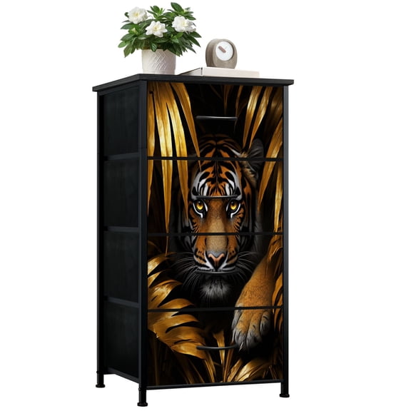 Tiger Dresser for Bedroom with 4 Storage Drawers Tiger Gold Leaves Black African Theme Animal Painting Modern Dressers Chest of Drawers Steel Framed Fabric Closet Organizers for Toy Book Basket