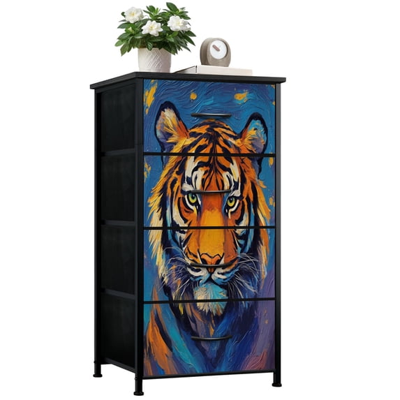 Tiger Dresser for Bedroom with 4 Storage Drawers Tiger Starry Night Animal Abstract Wildlife Tigers Painting Tiger Dressers Chest of Drawers Steel Framed Fabric Closet Organizers for Toy Book Basket