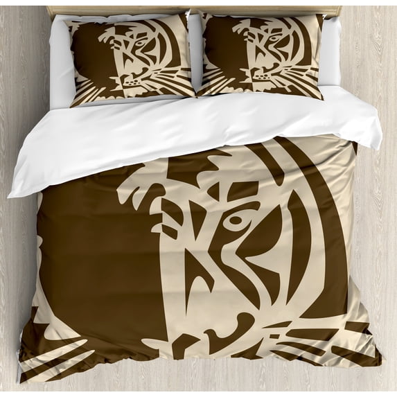 Tiger Duvet Cover Set, Abstract Big Jungle Cat Predator Feline Grunge Elements Savannah Hunting Action Image, Decorative 3 Piece Bedding Set with 2 Pillow Shams, Queen Size, Brown Tan, by Ambesonne
