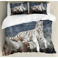 thumbnail image 1 of Tiger Duvet Cover Set, Albino Cat Sitting on Rock Sublime Nature Marvelous Animals Endangered Species, Decorative 3 Piece Bedding Set with 2 Pillow Shams, King Size, Slate Blue White, by Ambesonne, 1 of 3