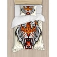thumbnail image 1 of Tiger Duvet Cover Set, Angry Ready to Attack Beast with Sharp Fangs Jungle Animal Detailed Face of Hunter, Decorative 2 Piece Bedding Set with 1 Pillow Shams, Twin Size, Orange Black, by Ambesonne, 1 of 3