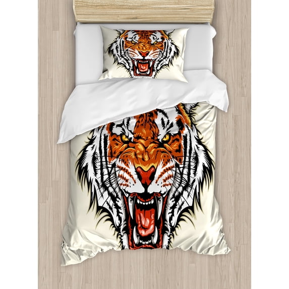 Tiger Duvet Cover Set, Angry Ready to Attack Beast with Sharp Fangs Jungle Animal Detailed Face of Hunter, Decorative 2 Piece Bedding Set with 1 Pillow Shams, Twin Size, Orange Black, by Ambesonne