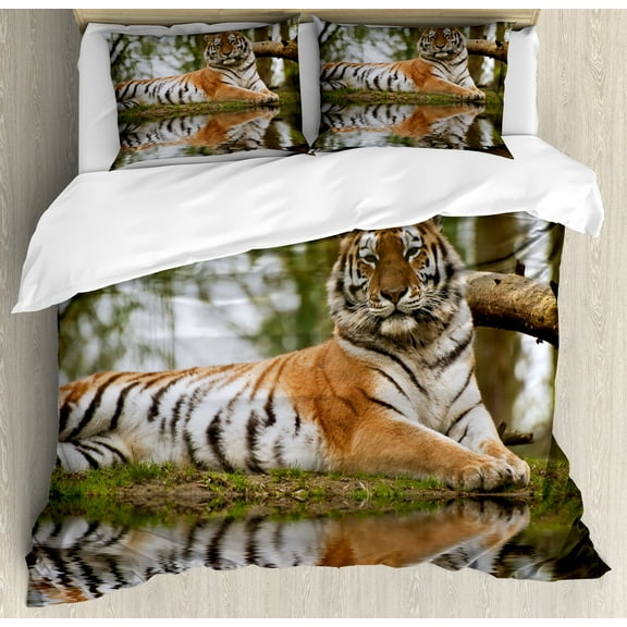 Tiger Duvet Cover Set, Beast of Siberia Resting on a Warm Day on a Lake with Its Reflection Altaica Mammal, Decorative 3 Piece Bedding Set with 2 Pillow Shams, Calking Size, Pale Brown, by Ambesonne