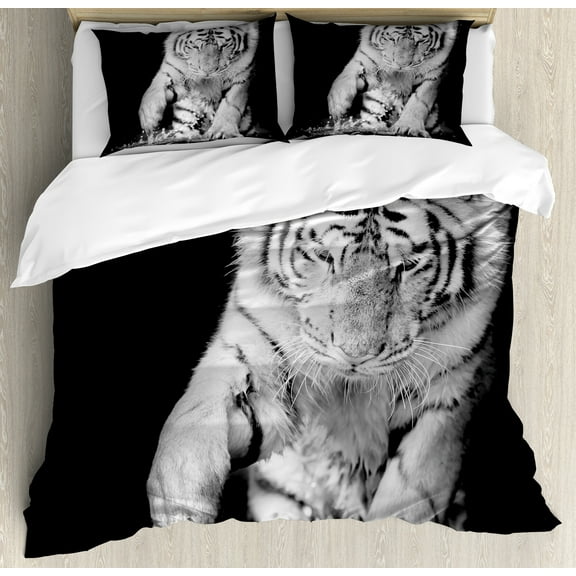 Tiger Duvet Cover Set, Black and White Image of Large Cat Playing with Water Cool Animals Fun Hunter, Decorative 3 Piece Bedding Set with 2 Pillow Shams, Calking Size, Black Pale Grey, by Ambesonne