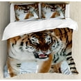 thumbnail image 1 of Tiger Duvet Cover Set, Close-up of Panthera Tigris Altaica Siberian Giant Feline Russian Predator, Decorative 3 Piece Bedding Set with 2 Pillow Shams, Calking Size, Pale Brown Black, by Ambesonne, 1 of 2