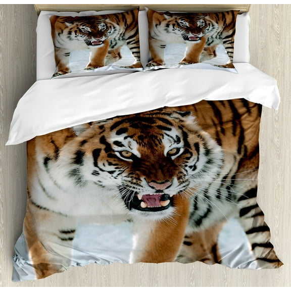 Tiger Duvet Cover Set, Close-up of Panthera Tigris Altaica Siberian Giant Feline Russian Predator, Decorative 3 Piece Bedding Set with 2 Pillow Shams, Calking Size, Pale Brown Black, by Ambesonne