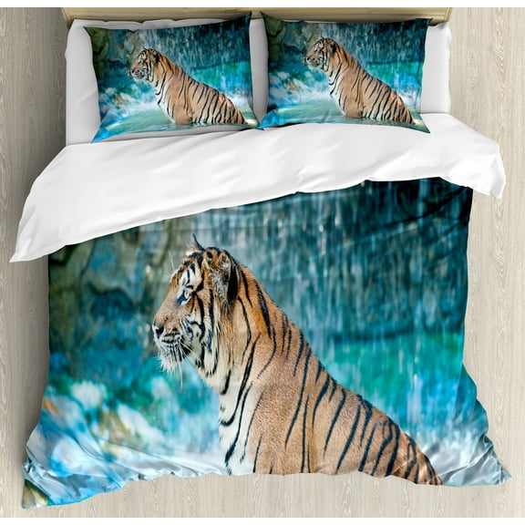 Tiger Duvet Cover Set, Feline Beast in Pond Searching for Prey Sumatra Indonesia Scenes, Decorative 3 Piece Bedding Set with 2 Pillow Shams, Queen Size, Pale Brown Turquoise, by Ambesonne