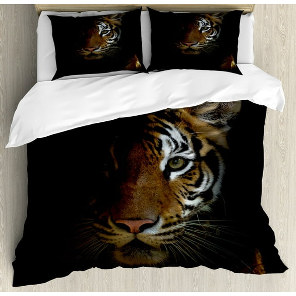 Tiger Duvet Cover Set, King of Sundarbans in a Dark Environment Mild Mannered Majestic Animal, Decorative 3 Piece Bedding Set with 2 Pillow Shams, Calking Size, Dark Orange Black, by Ambesonne