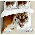 thumbnail image 1 of Tiger Duvet Cover Set, Panthera Tigris Altaica Close-Image with Snowy Background Angry Hunter Photo, Decorative 3 Piece Bedding Set with 2 Pillow Shams, Queen Size, Pale Brown, by Ambesonne, 1 of 3