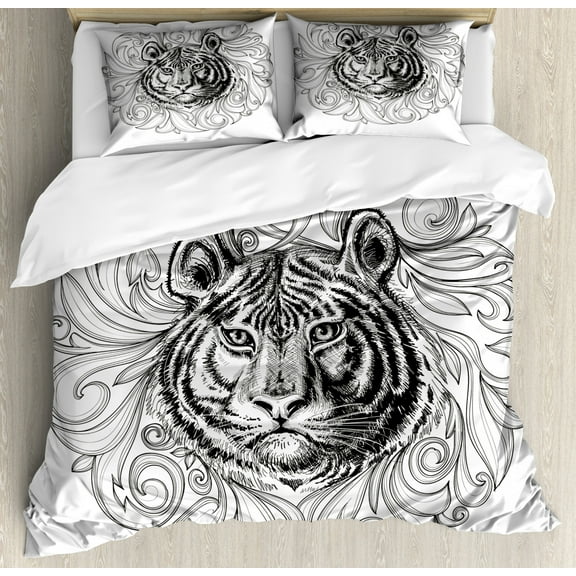 Tiger Duvet Cover Set Queen Size, Black and White Abstract Design Large Feline Head Sticking out from Bundle of Leaves, Decorative 3 Piece Bedding Set with 2 Pillow Shams, Black White, by Ambesonne