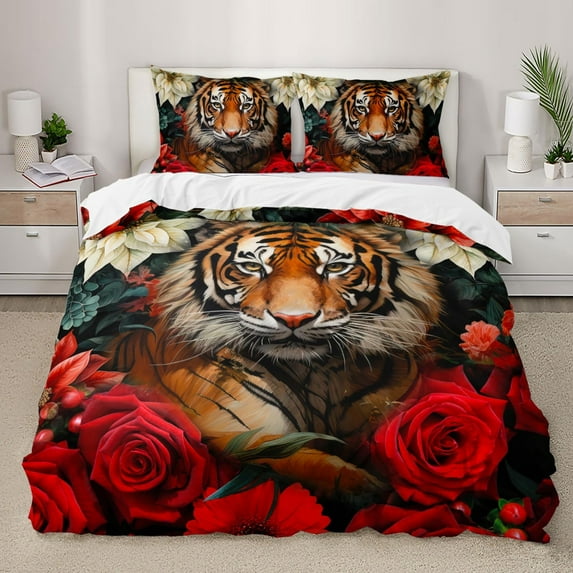 Tiger Duvet Cover Set, Tiger 3D Print Bedding Set,Modern Chic Red Rose Floral Comforter Cover Set 3 Pieces, 1 Quilt Cover and 2 Pillowcases