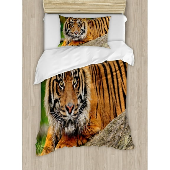 Tiger Duvet Cover Set Twin Size, Noble Beast Crouching on a Rock Sumatrian Large Cat Beautiful Nature Photography, Decorative 2 Piece Bedding Set with 1 Pillow Sham, Multicolor, by Ambesonne