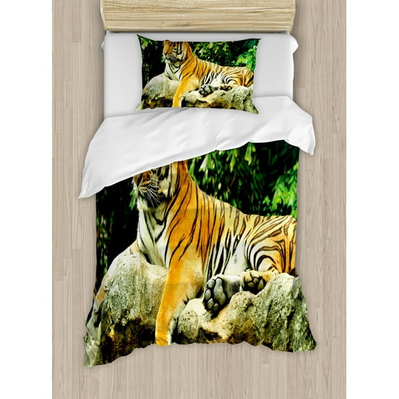 Tiger Duvet Cover Set Twin Size, Resting Feline in the Forest on a Large Rock Sublime Carnivore Beast Beautiful Nature, Decorative 2 Piece Bedding Set with 1 Pillow Sham, Multicolor, by Ambesonne