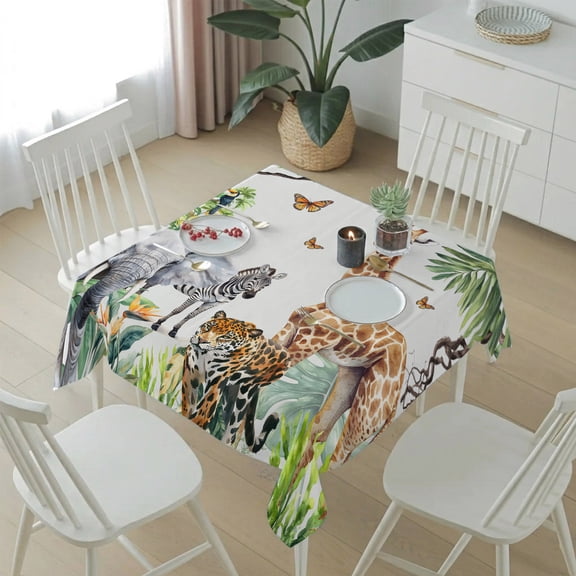 Tiger Elephant Giraffe Animal Table Cloth 54x54in, Waterproof Square Tablecloth Wipeable Tablecloths Tropical Jungle Green Leaves Table Covers for Dining Tables Party Indoor Outdoor