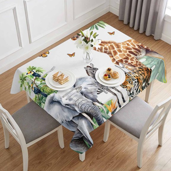 Tiger Elephant Giraffe Animal Table Cloth 60x84in, Waterproof Rectangle Tablecloth Wipeable Tablecloths Tropical Jungle Green Leaves Table Covers for Dining Tables Party Indoor Outdoor