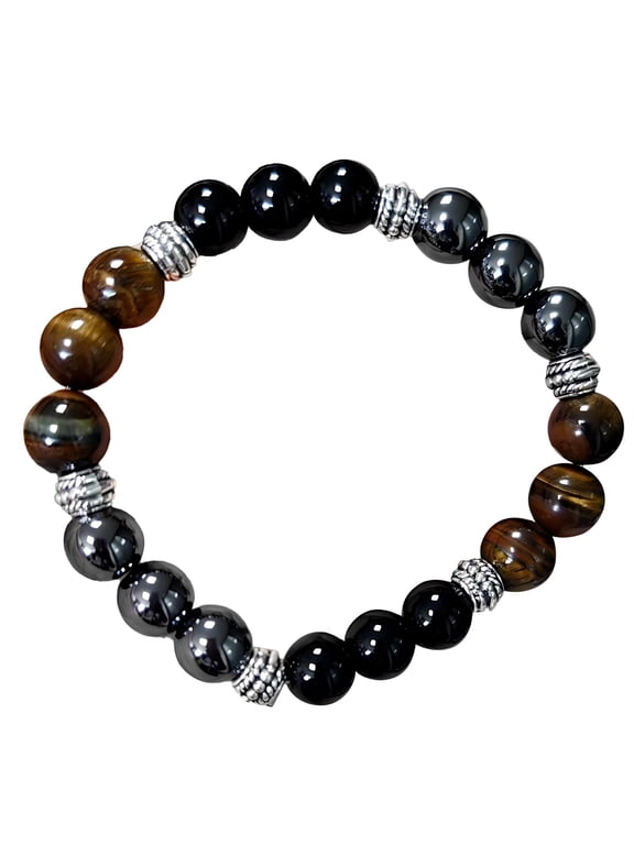 Tiger Eye Beaded Bracelet, Obsidian Hematite & Black Agate Gemstone, Natural Stone Hand-Polished Healing Energy Bracelet, Alloy Beads for Men and Women, Suitable for Many Occasions