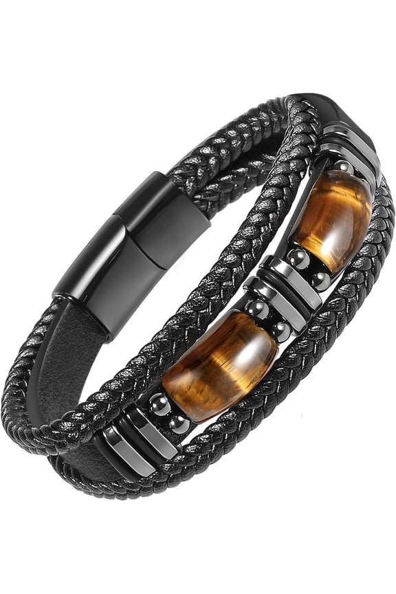 Tiger Eye Black Leather Bracelet Men Natural Tiger Eye Gemstone Crystal Stone Jewelry Handmade Courage And Stress Relief Protection Bracelet