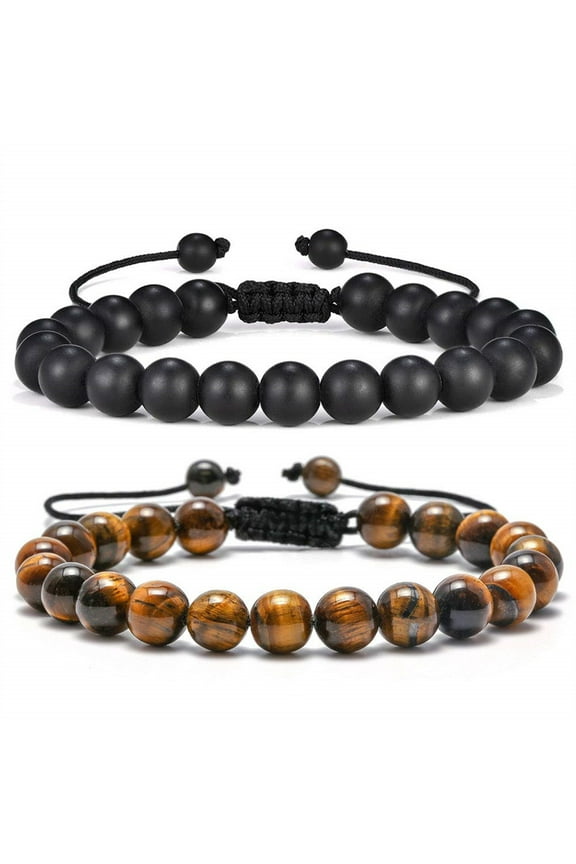 Lava Rock Rope Bracelets Set for Men Tiger Eye Black Matte Agate Adjustable Fine Essential Oil Anxiety Cool Jewelry Birthday Gifts for Men Boys